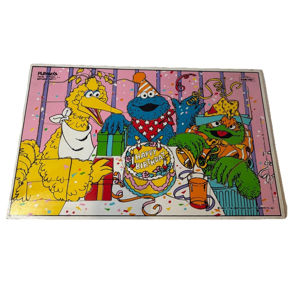 1982 Sesame Street Playskool Birthday Party! 25 Piece Pressboard Tray Puzzle